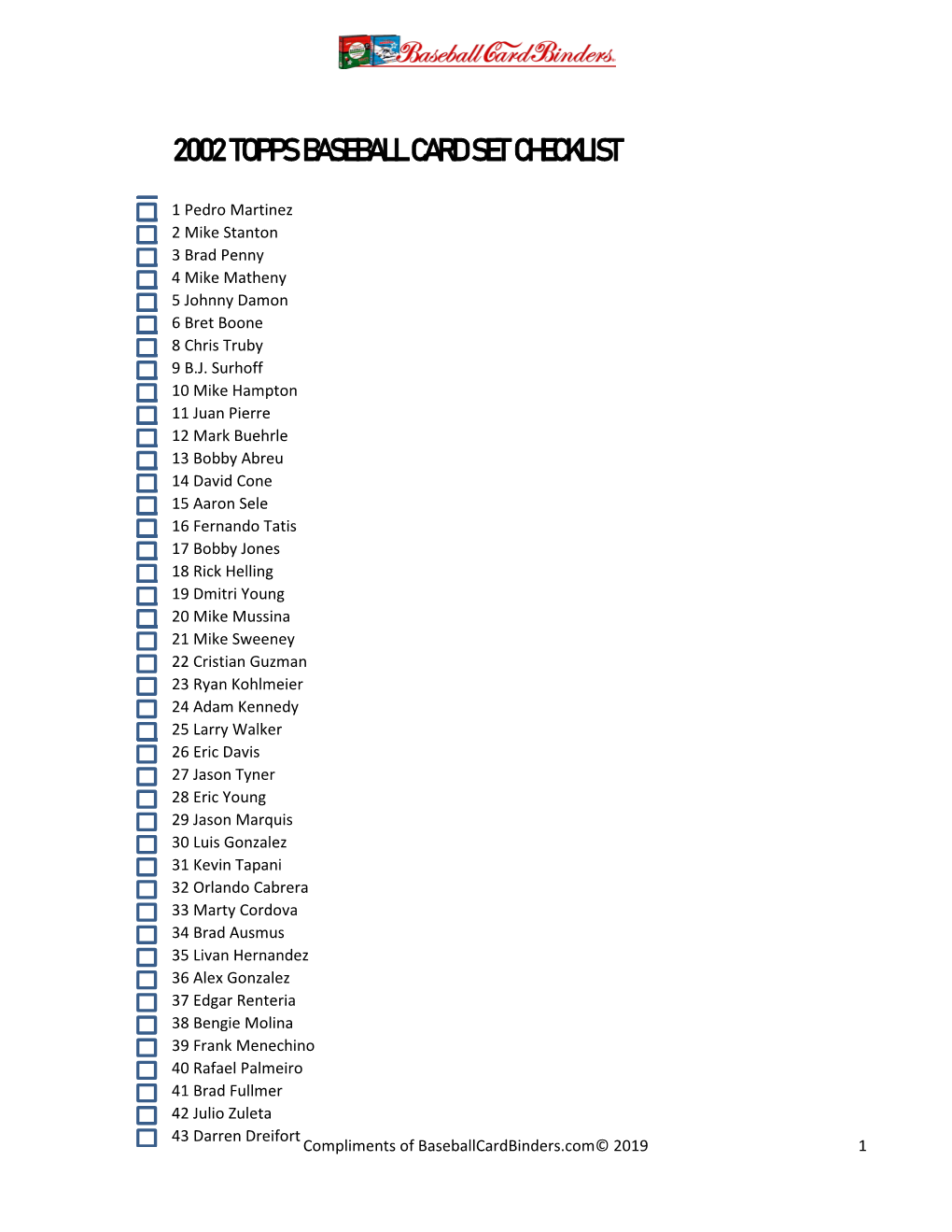 2002 Topps Baseball Card Set Checklist