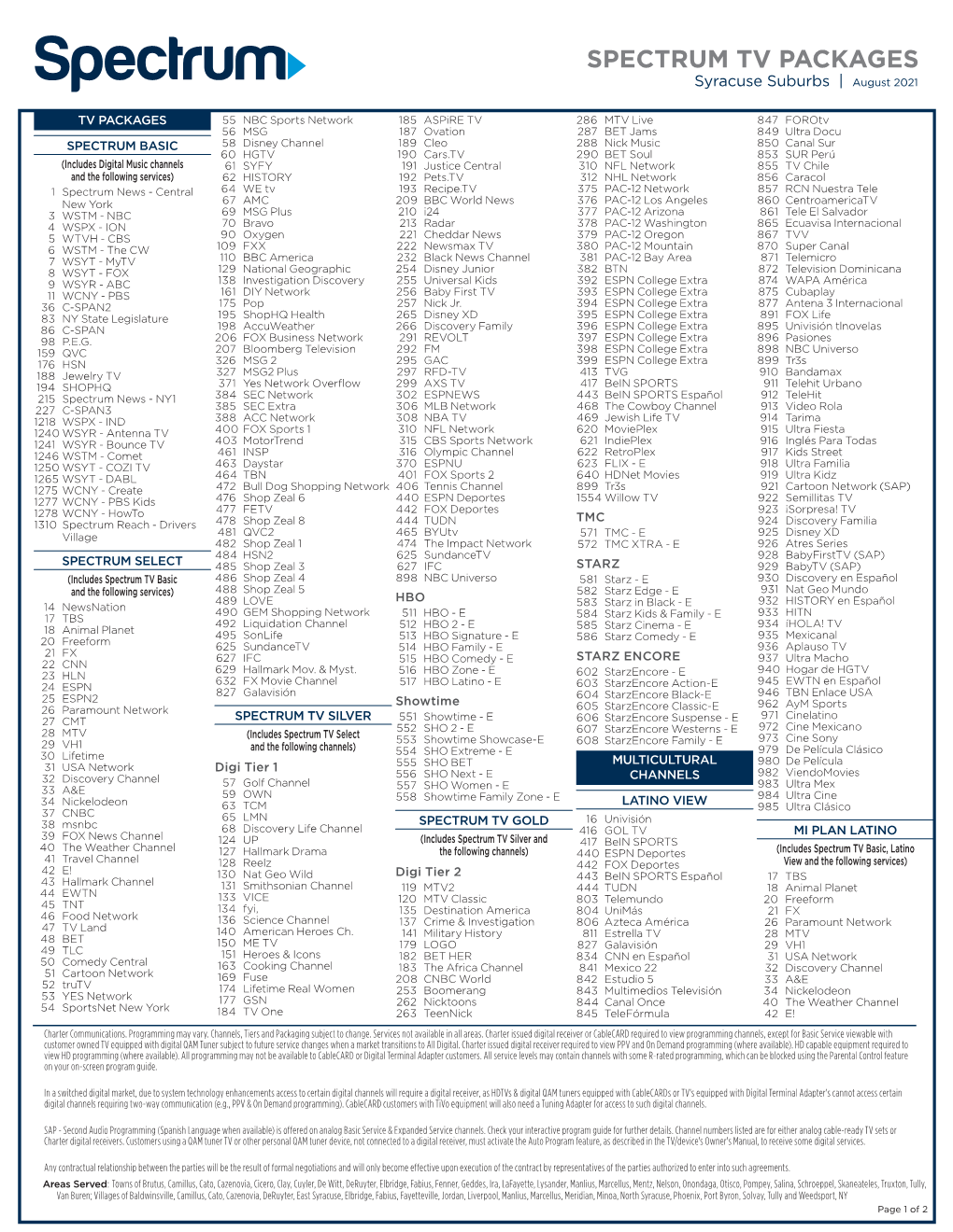 SPECTRUM TV PACKAGES Syracuse Suburbs | August 2021