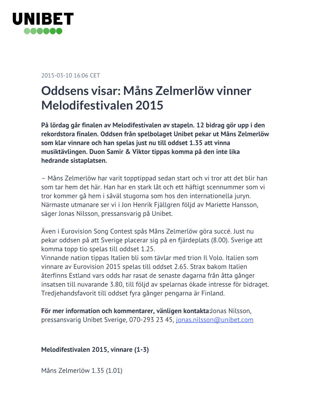 Oddsens Visar: Måns Zelmerlöw Vinner Melodifestivalen 2015