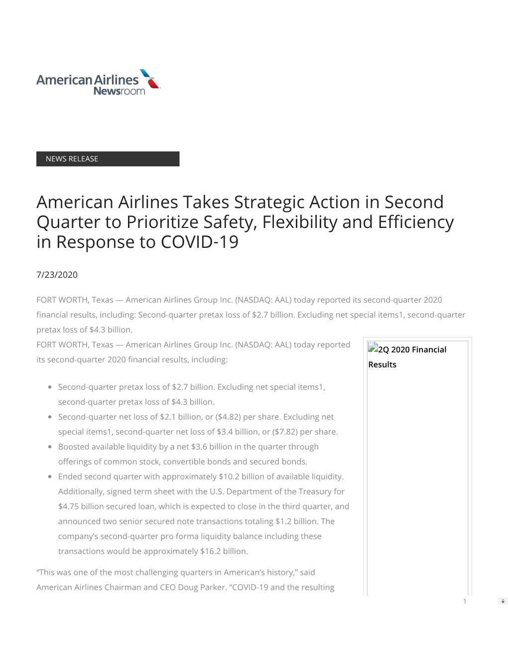 American Airlines Takes Strategic Action in Second Quarter to Prioritize Safety, Flexibility and E�Ciency in Response to COVID‑19