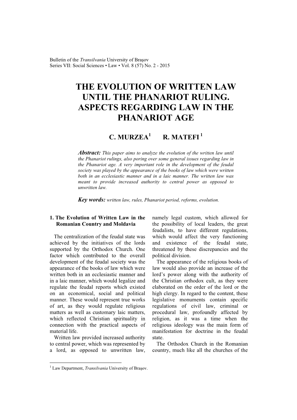 Murzea, C., Matefi, R.: the Evolution of Written Law Until the Phanariot