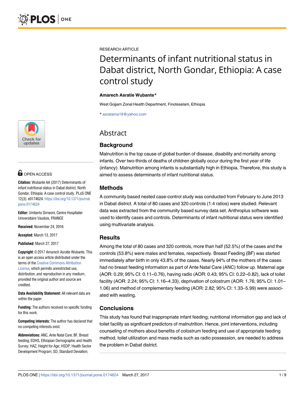 Determinants of Infant Nutritional Status in Dabat District, North Gondar, Ethiopia: a Case Control Study
