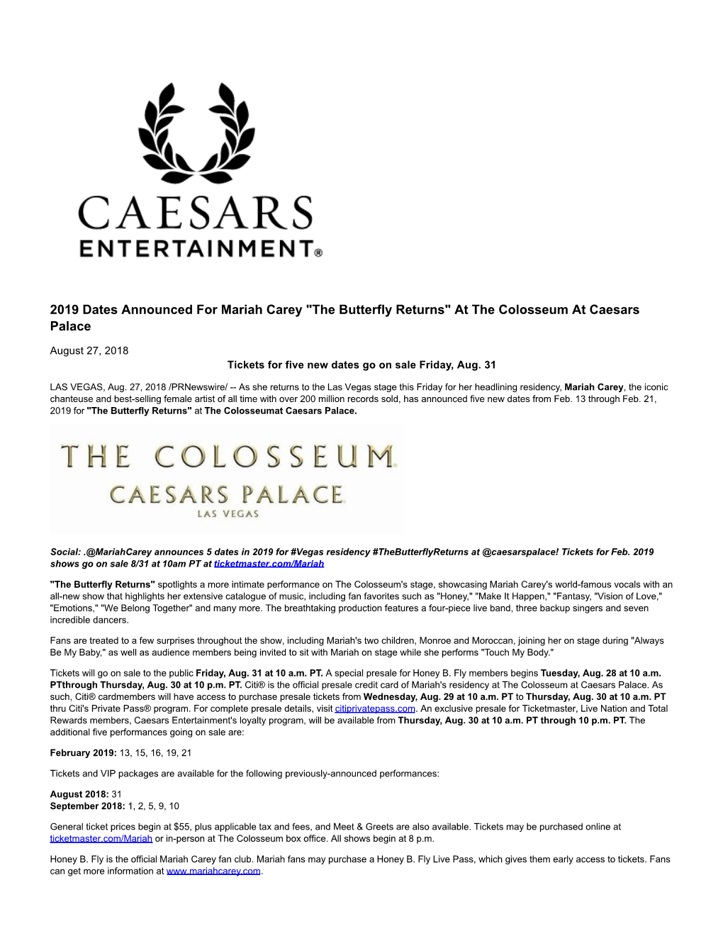 2019 Dates Announced for Mariah Carey "The Butterfly Returns" at the Colosseum at Caesars Palace