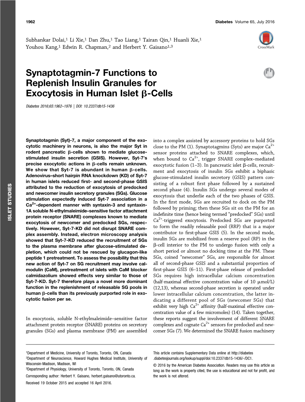 Synaptotagmin-7 Functions to Replenish Insulin Granules for Exocytosis in Human Islet B-Cells