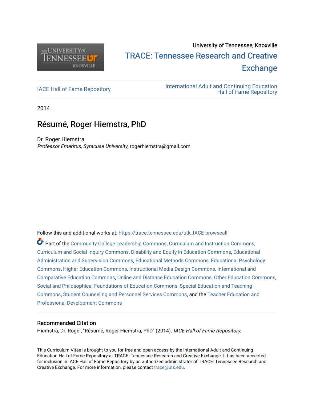 Résumé, Roger Hiemstra, Phd