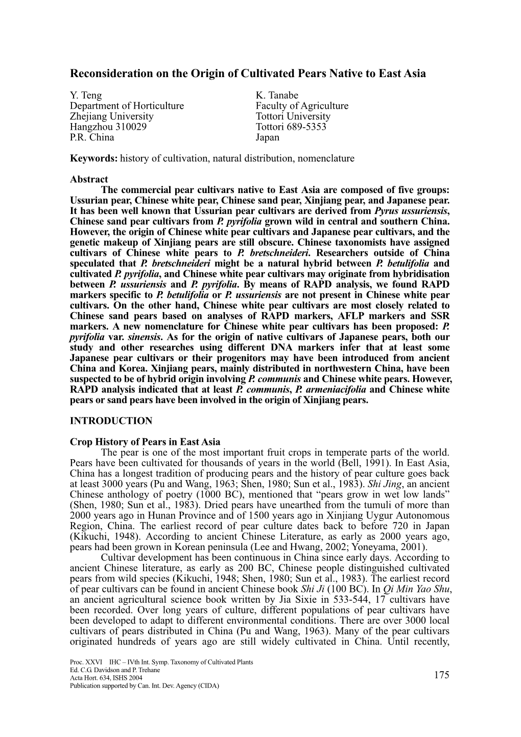 Reconsideration on the Origin of Cultivated Pears Native to East Asia