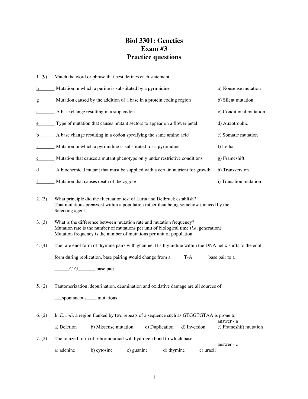 Biol 3301: Genetics Exam #3 Practice Questions