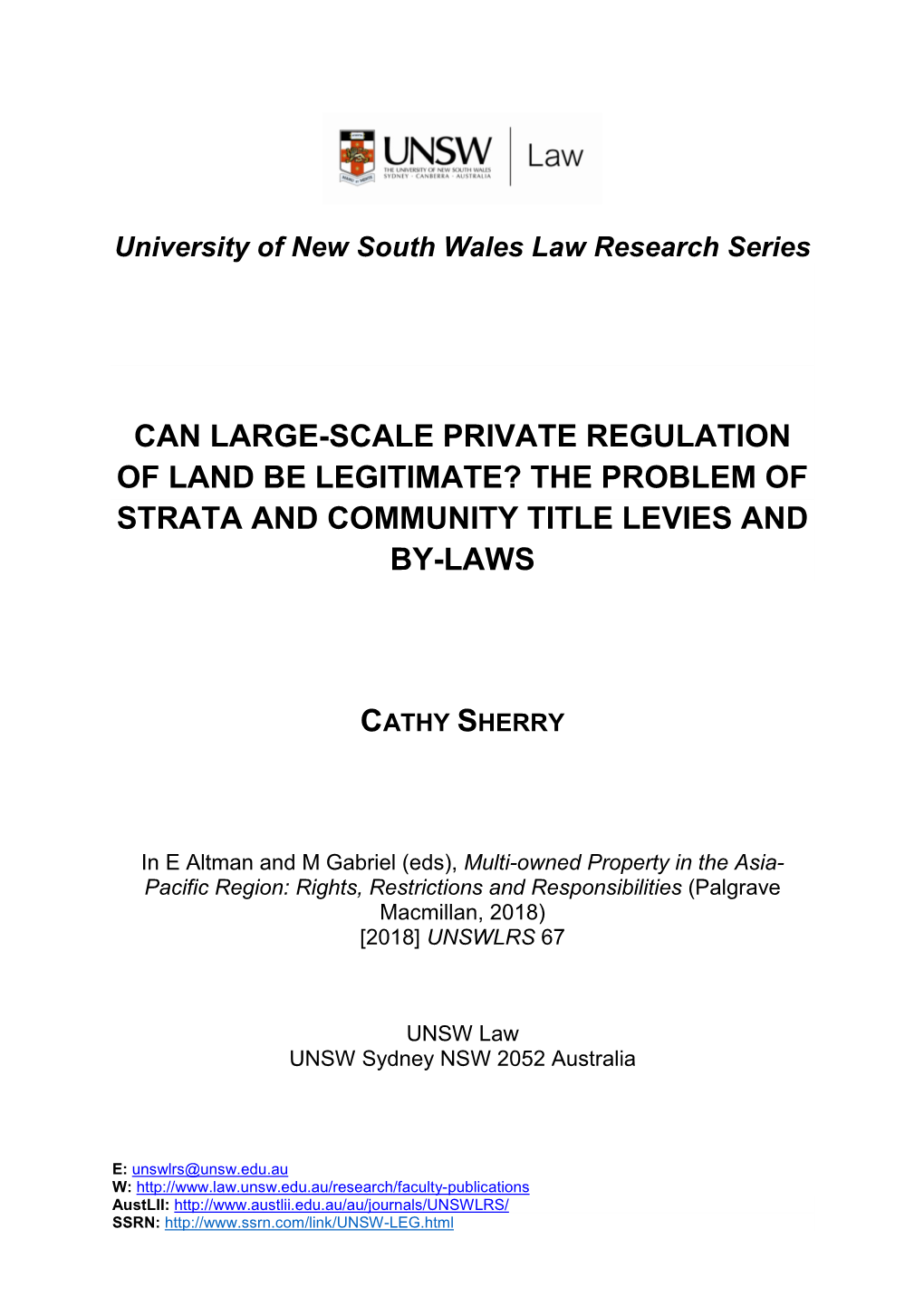 Can Large-Scale Private Regulation of Land Be Legitimate? the Problem of Strata and Community Title Levies and By-Laws