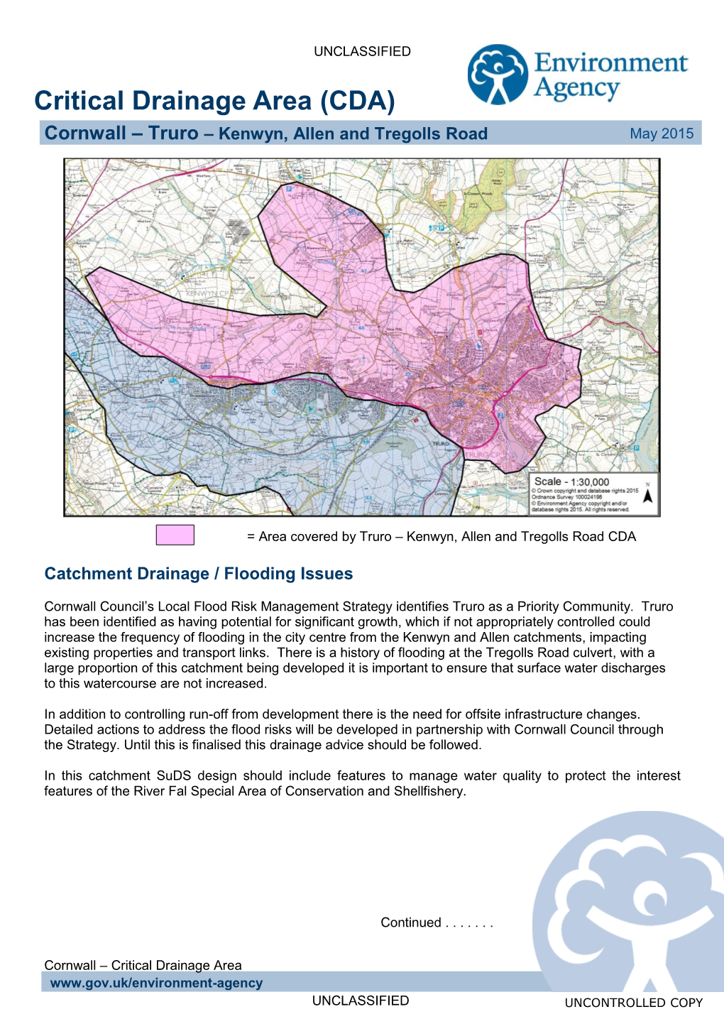 Critical Drainage Area (CDA) Cornwall – Truro – Kenwyn, Allen and Tregolls Road May 2015