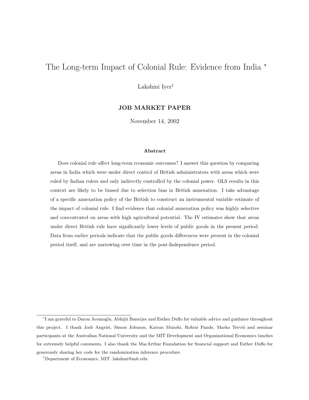 The Long-Term Impact of Colonial Rule: Evidence from India ∗