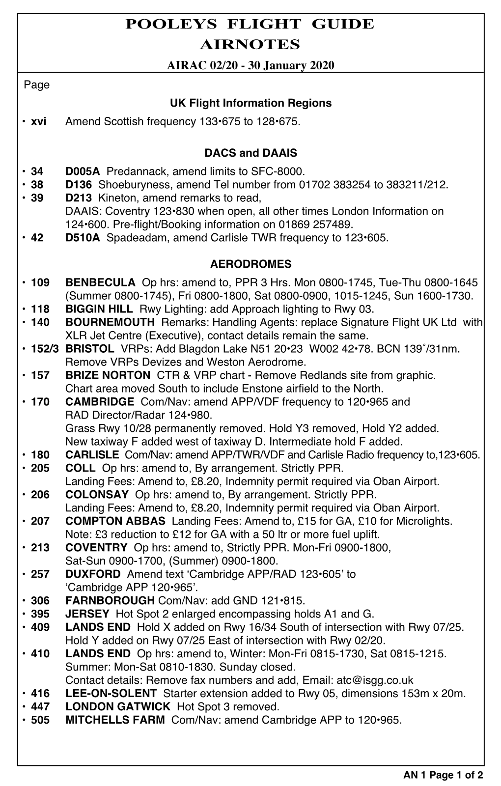 POOLEYS FLIGHT GUIDE AIRNOTES AIRAC 02/20 - 30 January 2020 Page UK Flight Information Regions • Xvi Amend Scottish Frequency 133•675 to 128•675