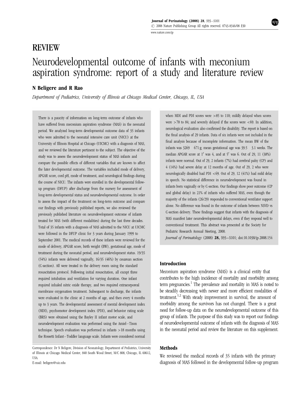 Neurodevelopmental Outcome of Infants with Meconium Aspiration Syndrome: Report of a Study and Literature Review