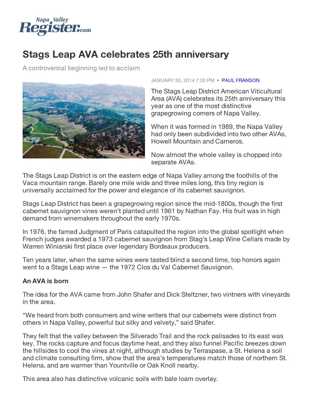 Stags Leap AVA Celebrates 25Th Anniversary a Controversial Beginning Led to Acclaim