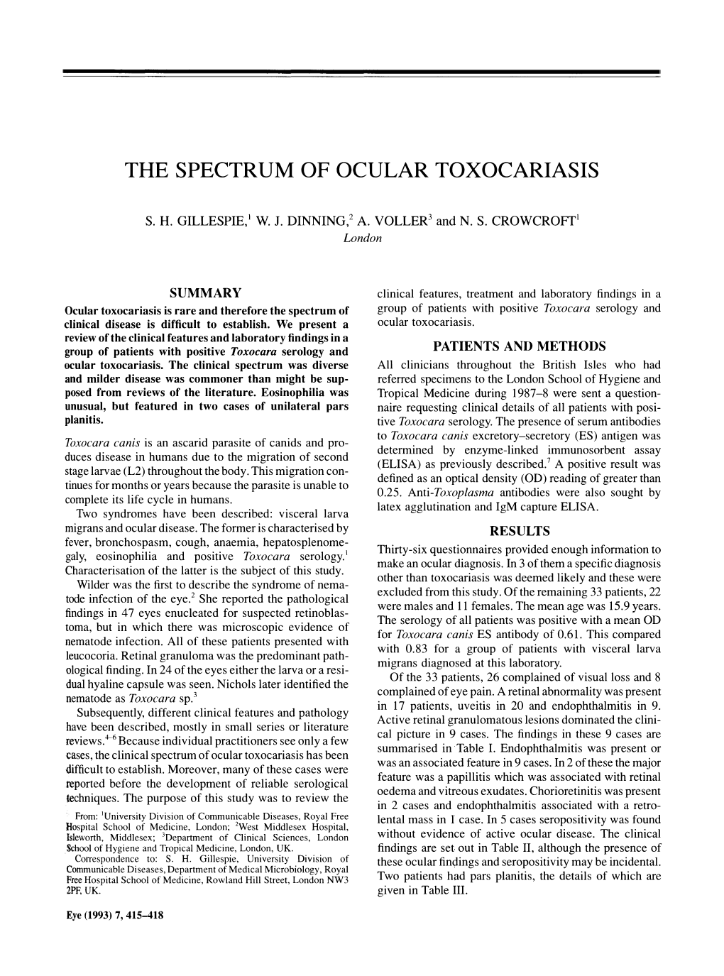 The Spectrum of Ocular Toxocariasis Sh Gillespie
