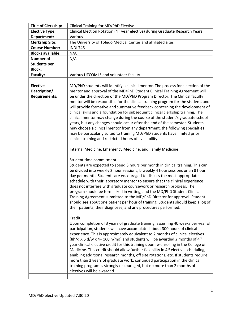 Clinical Training for MD/Phd Elective