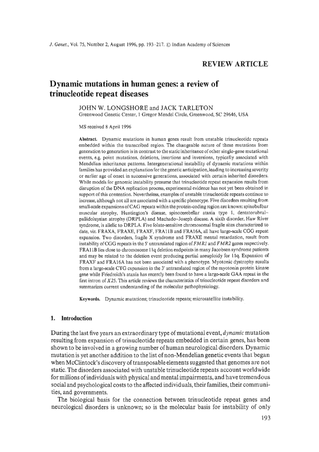 Dynamic Mutations in Human Genes: a Review of Trinucleotide Repeat Diseases