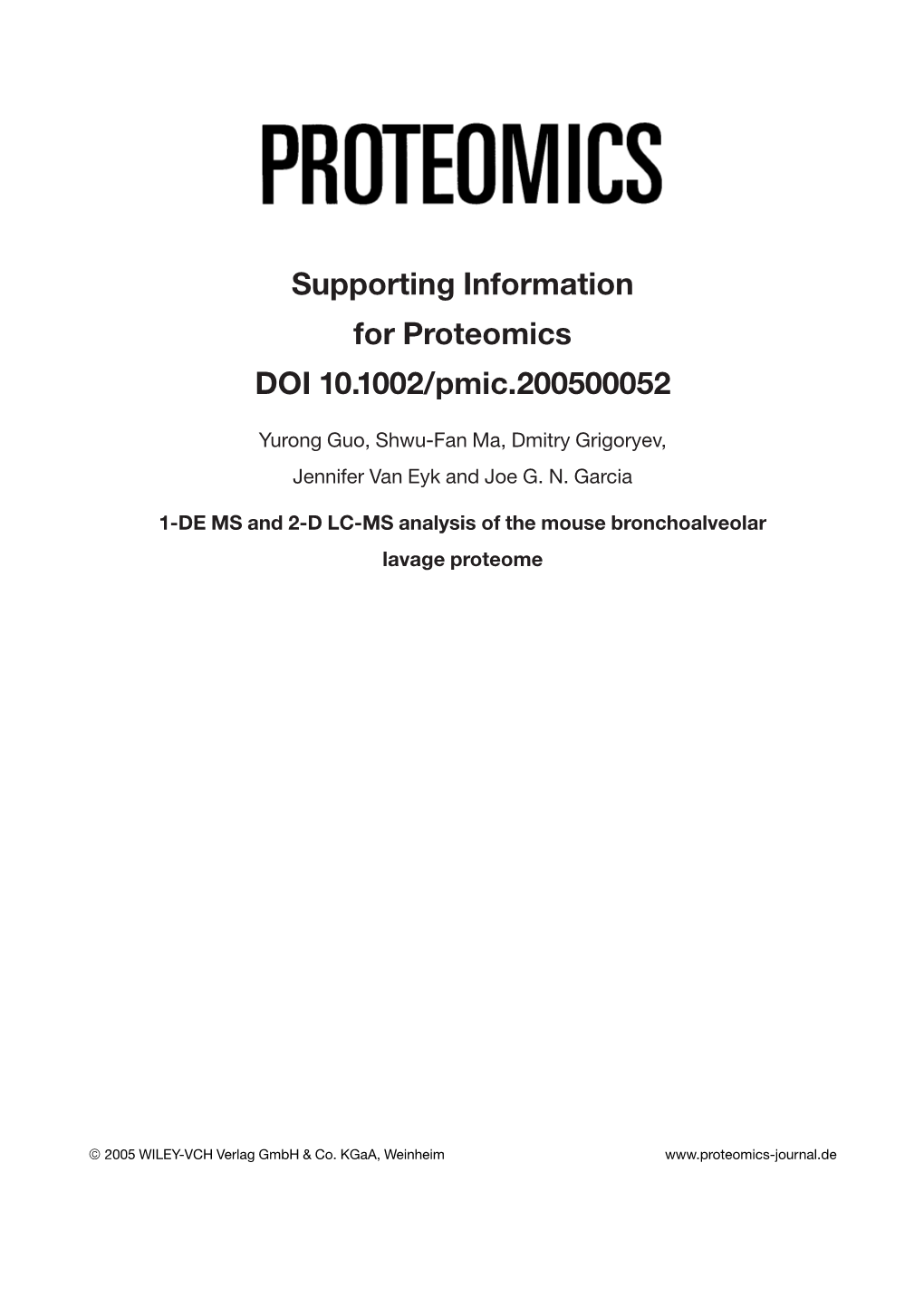 Supporting Information for Proteomics DOI 10.1002/Pmic.200500052