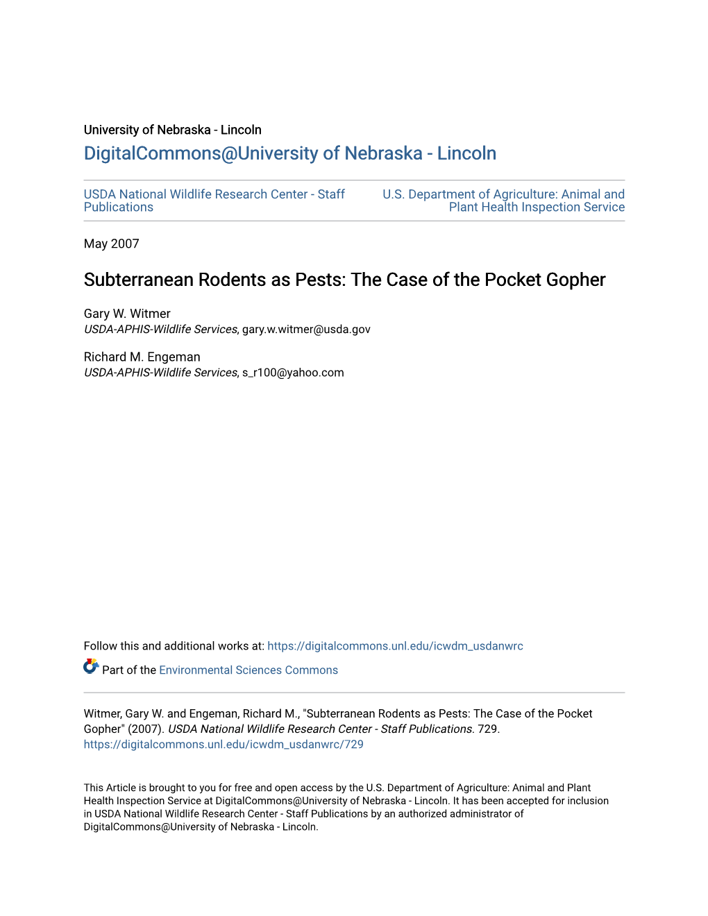 Subterranean Rodents As Pests: the Case of the Pocket Gopher