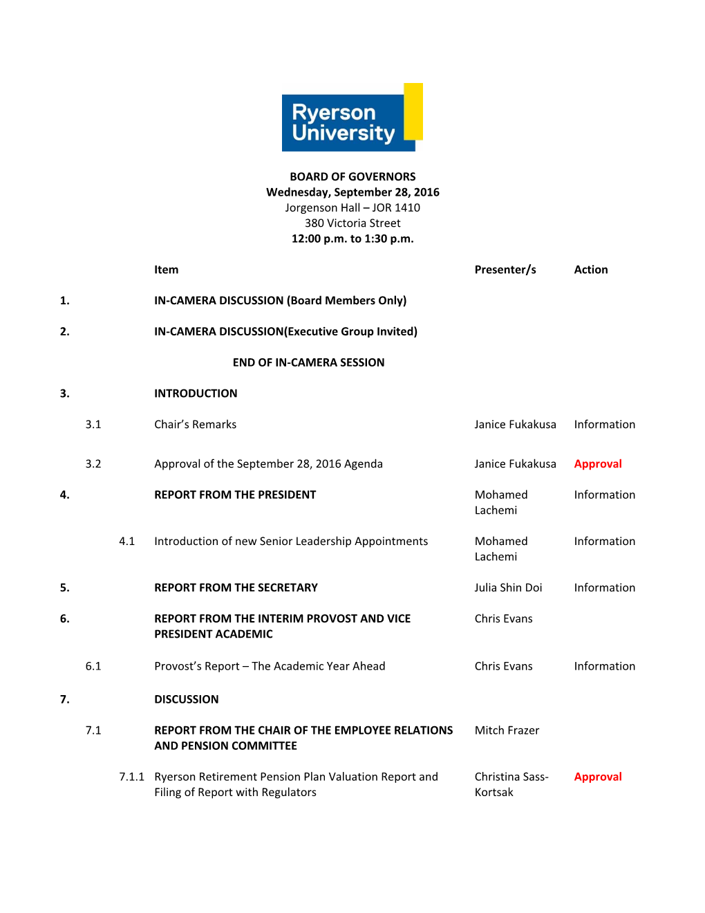 BOARD of GOVERNORS Wednesday, September 28, 2016 Jorgenson Hall – JOR 1410 380 Victoria Street 12:00 P.M