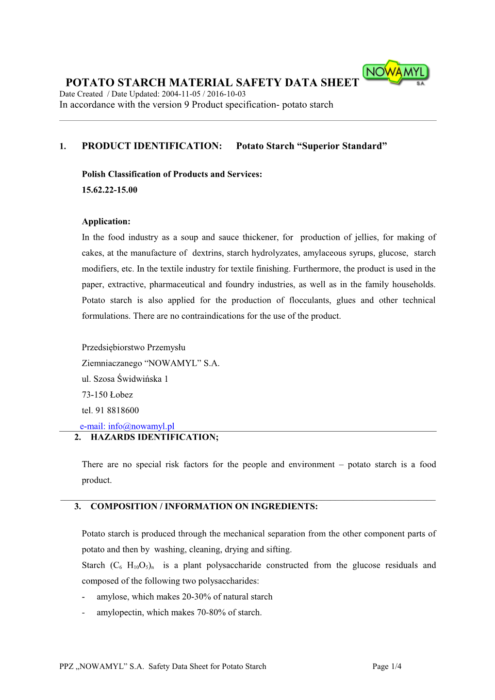 Product Handling and Safety Data Sheet