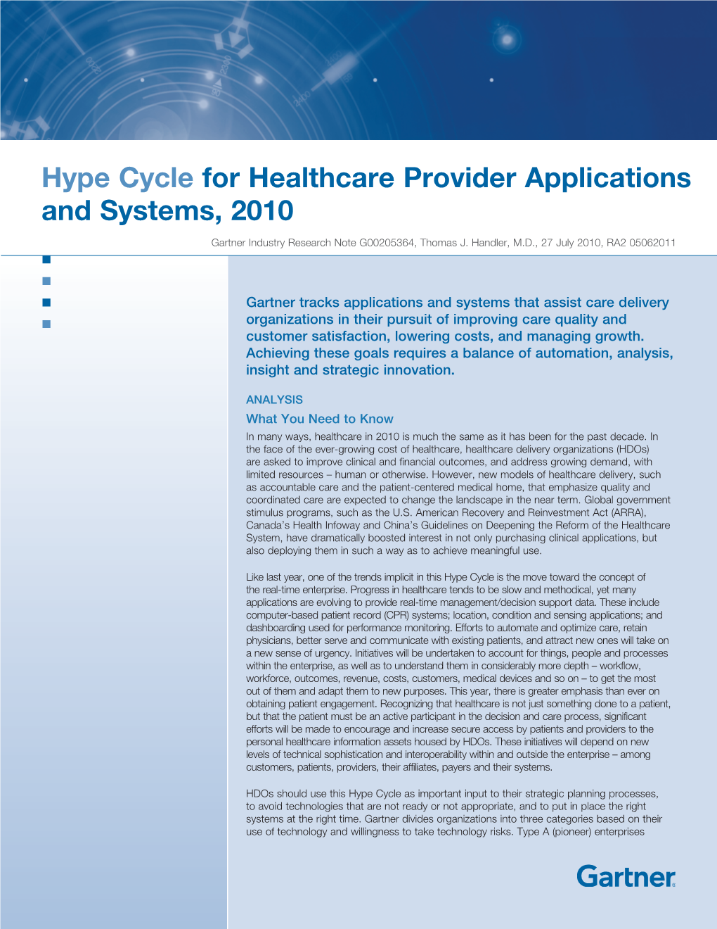 Hype Cycle for Healthcare Provider Applications and Systems, 2010