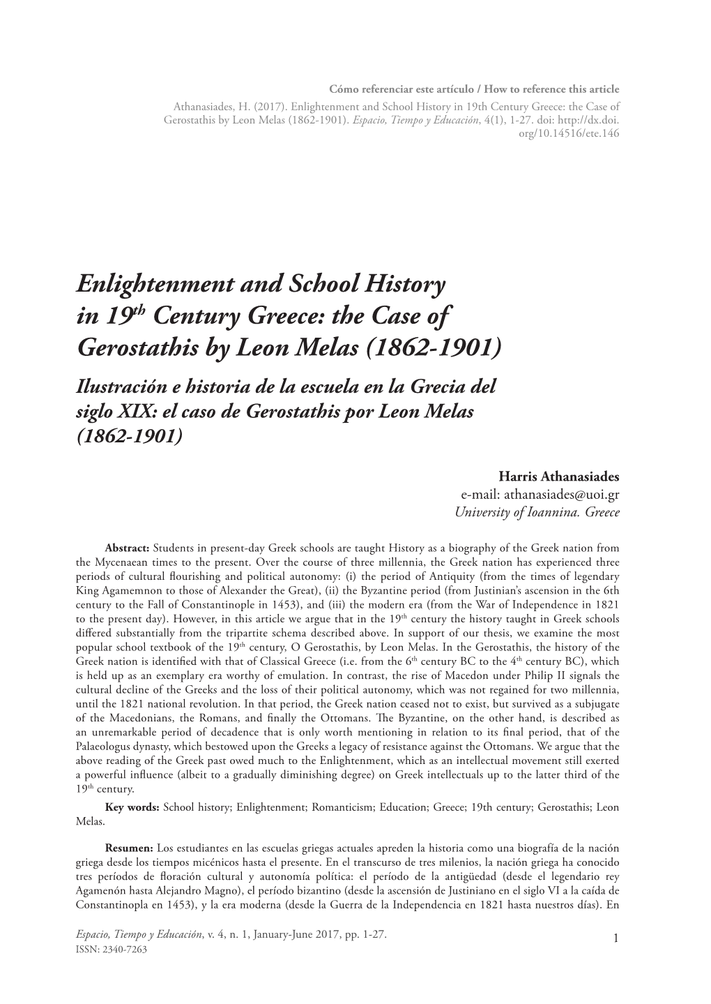 Enlightenment and School History in 19Th Century Greece: the Case of Gerostathis by Leon Melas (1862-1901)