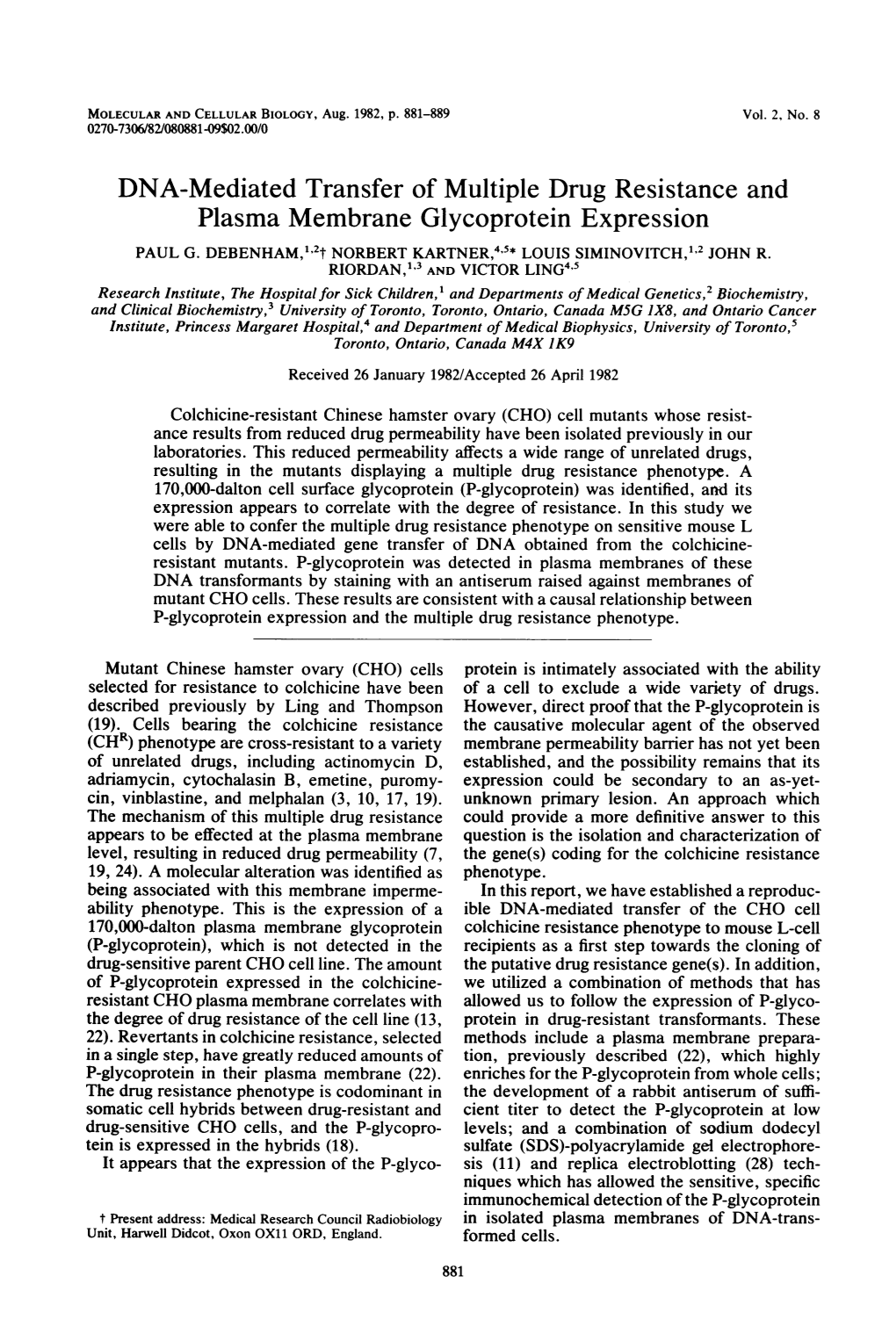 DNA-Mediated Transfer of Multiple Drug Resistance and Plasma Membrane Glycoprotein Expression PAUL G