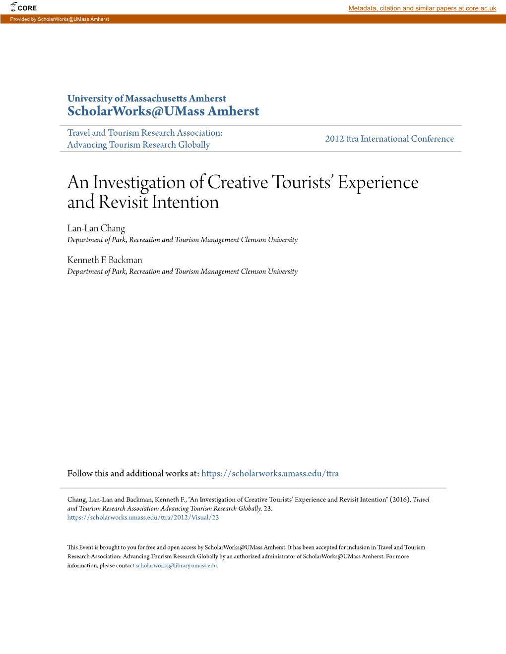 An Investigation of Creative Tourists' Experience and Revisit Intention