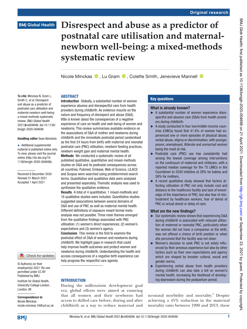 Disrespect and Abuse As a Predictor of Postnatal Care Utilisation and Maternal-­ Newborn Well-­Being: a Mixed-­Methods Systematic Review