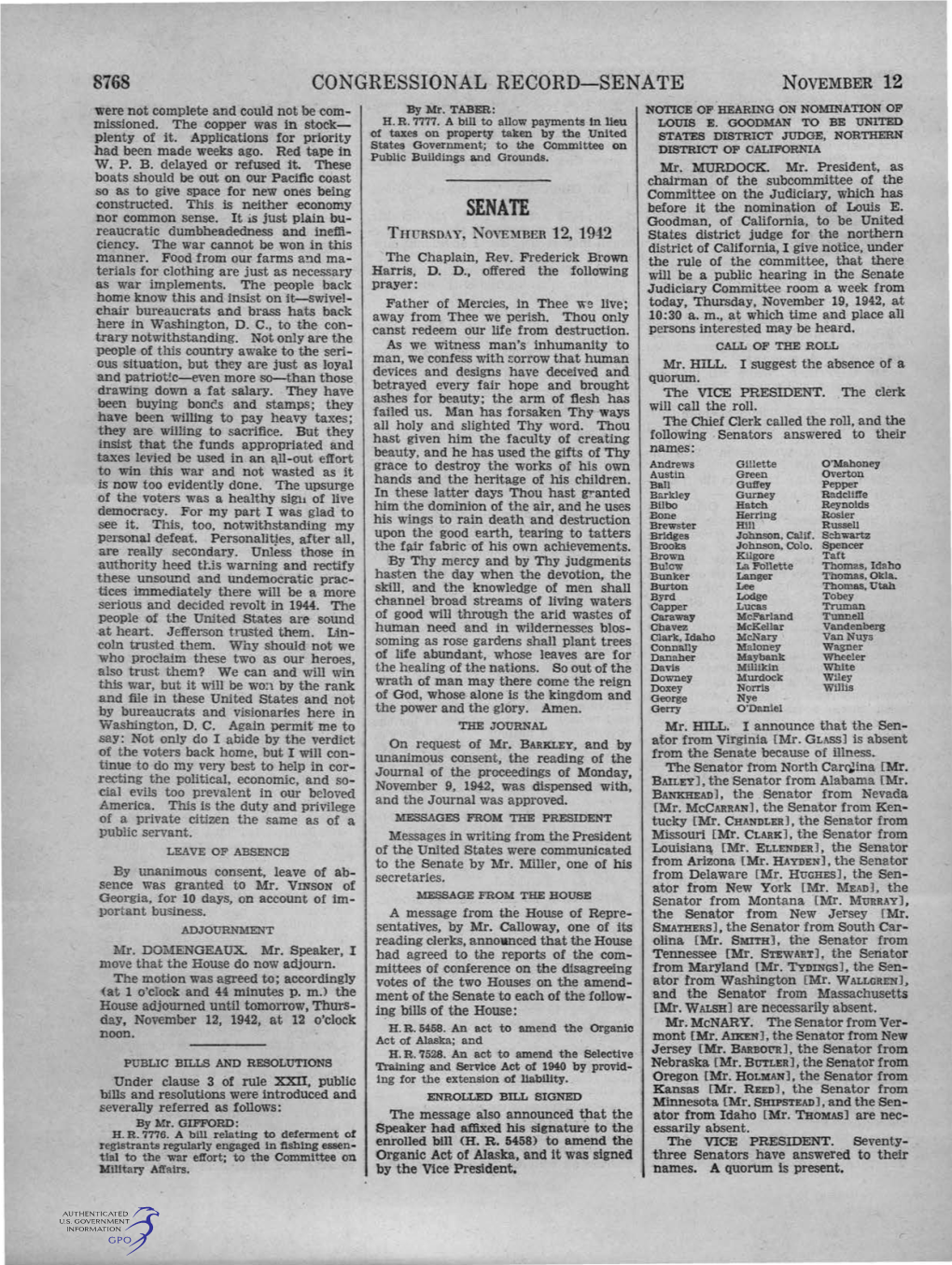 SENATE NOVEMBER 12 Were Not Complete and Could Not Be Com­ by Mr