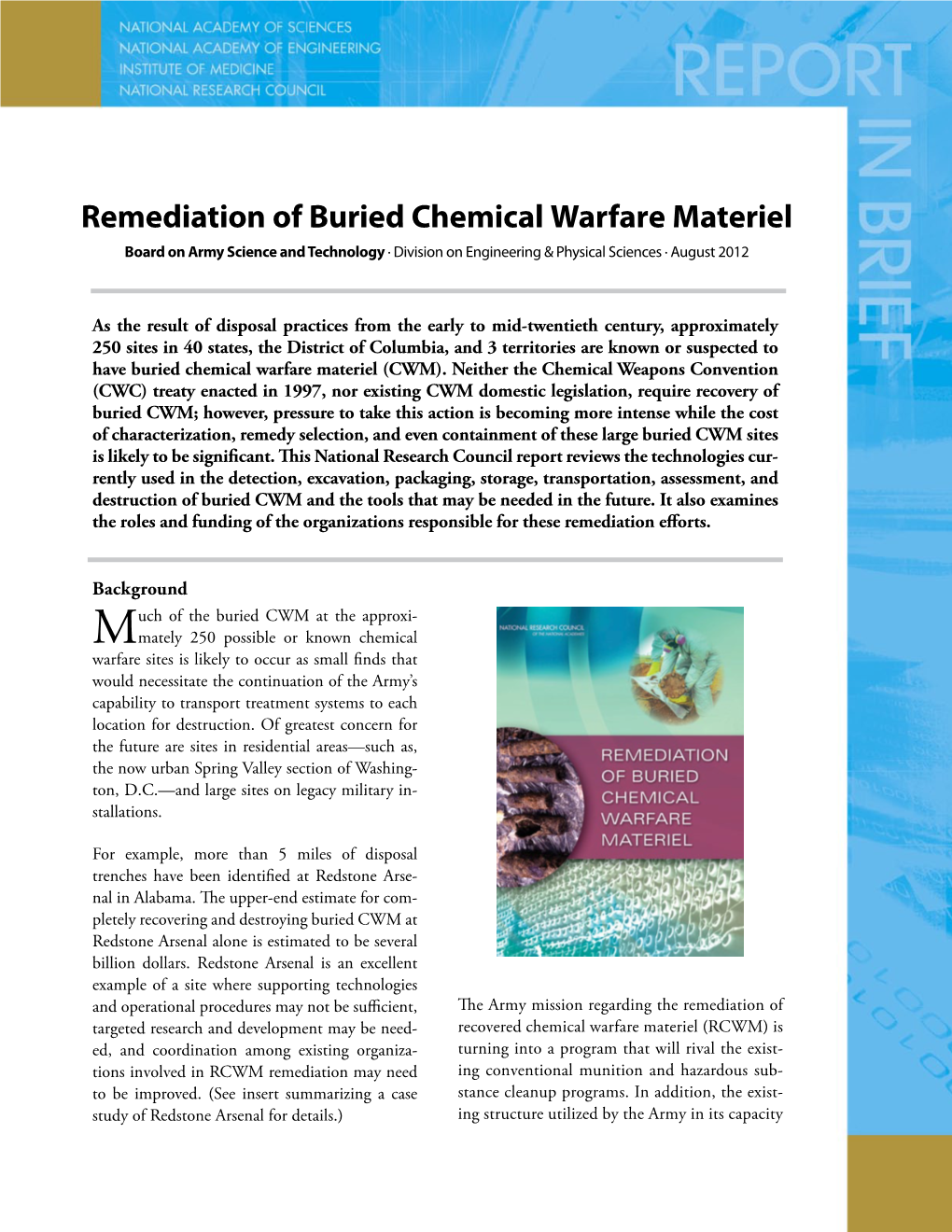 Remediation of Buried Chemical Warfare Materiel Board on Army Science and Technology ∙ Division on Engineering & Physical Sciences ∙ August 2012