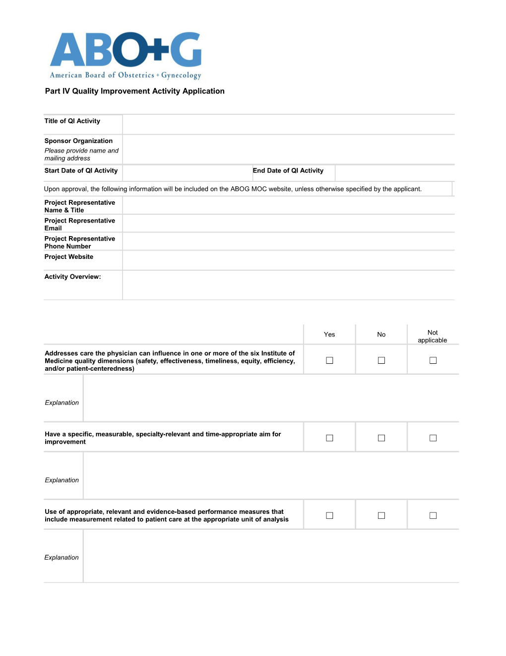 Part IV Quality Improvement Activity Application