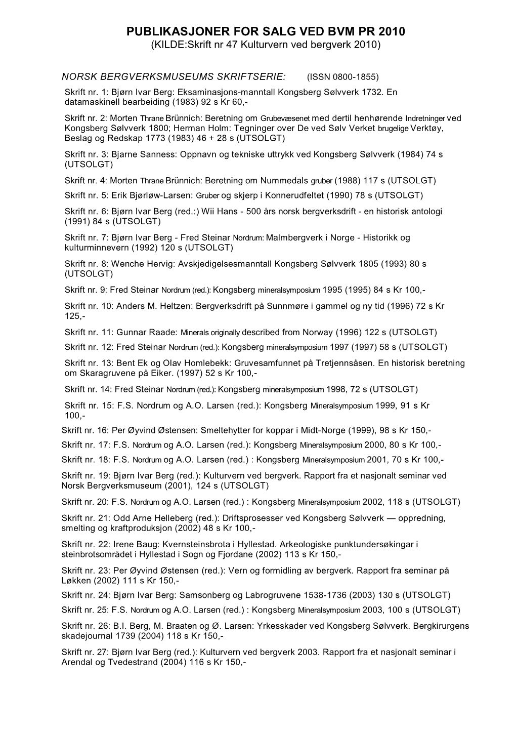 PUBLIKASJONER for SALG VED BVM PR 2010 (KILDE:Skrift Nr 47 Kulturvern Ved Bergverk 2010)