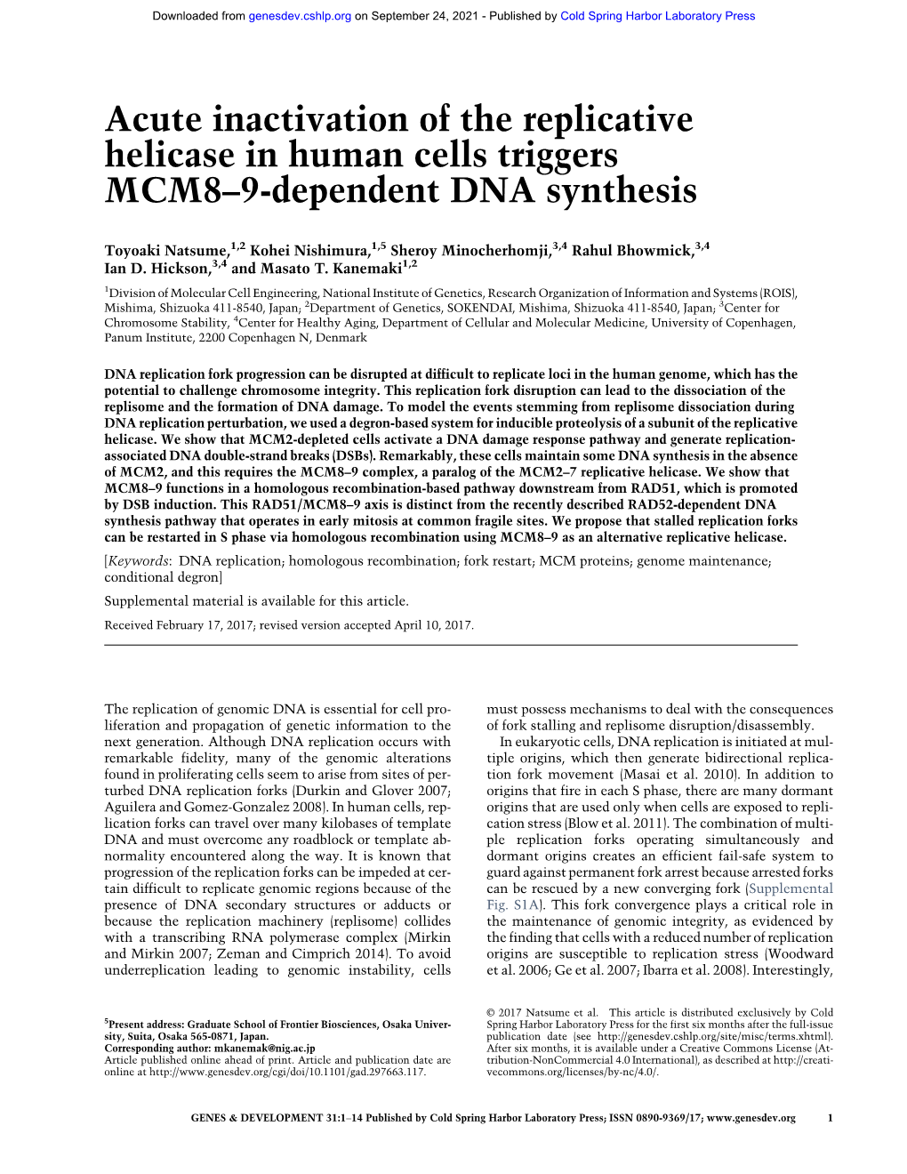 Acute Inactivation of the Replicative Helicase in Human Cells Triggers MCM8–9-Dependent DNA Synthesis