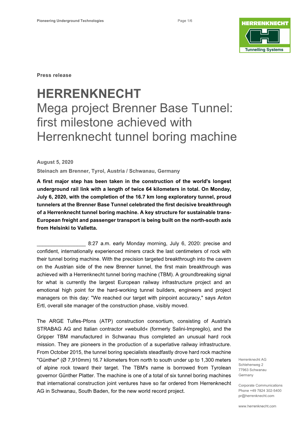 HERRENKNECHT Mega Project Brenner Base Tunnel: First Milestone Achieved with Herrenknecht Tunnel Boring Machine