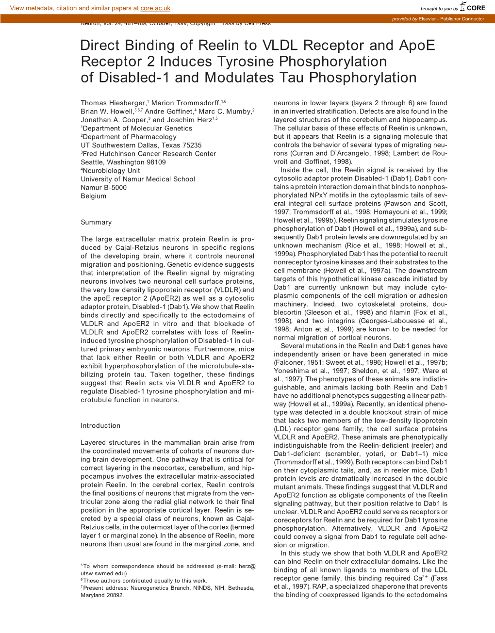 Direct Binding of Reelin to VLDL Receptor and Apoe Receptor 2 Induces Tyrosine Phosphorylation of Disabled-1 and Modulates Tau Phosphorylation