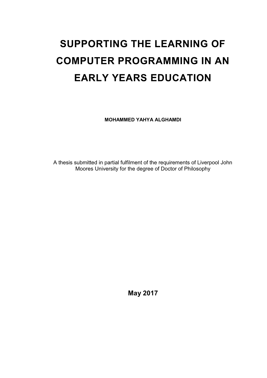 Supporting the Learning of Computer Programming in an Early Years Education
