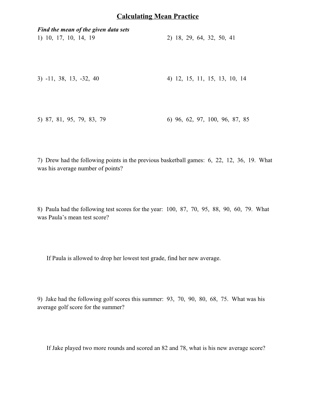 Find the Mean of the Given Data Sets