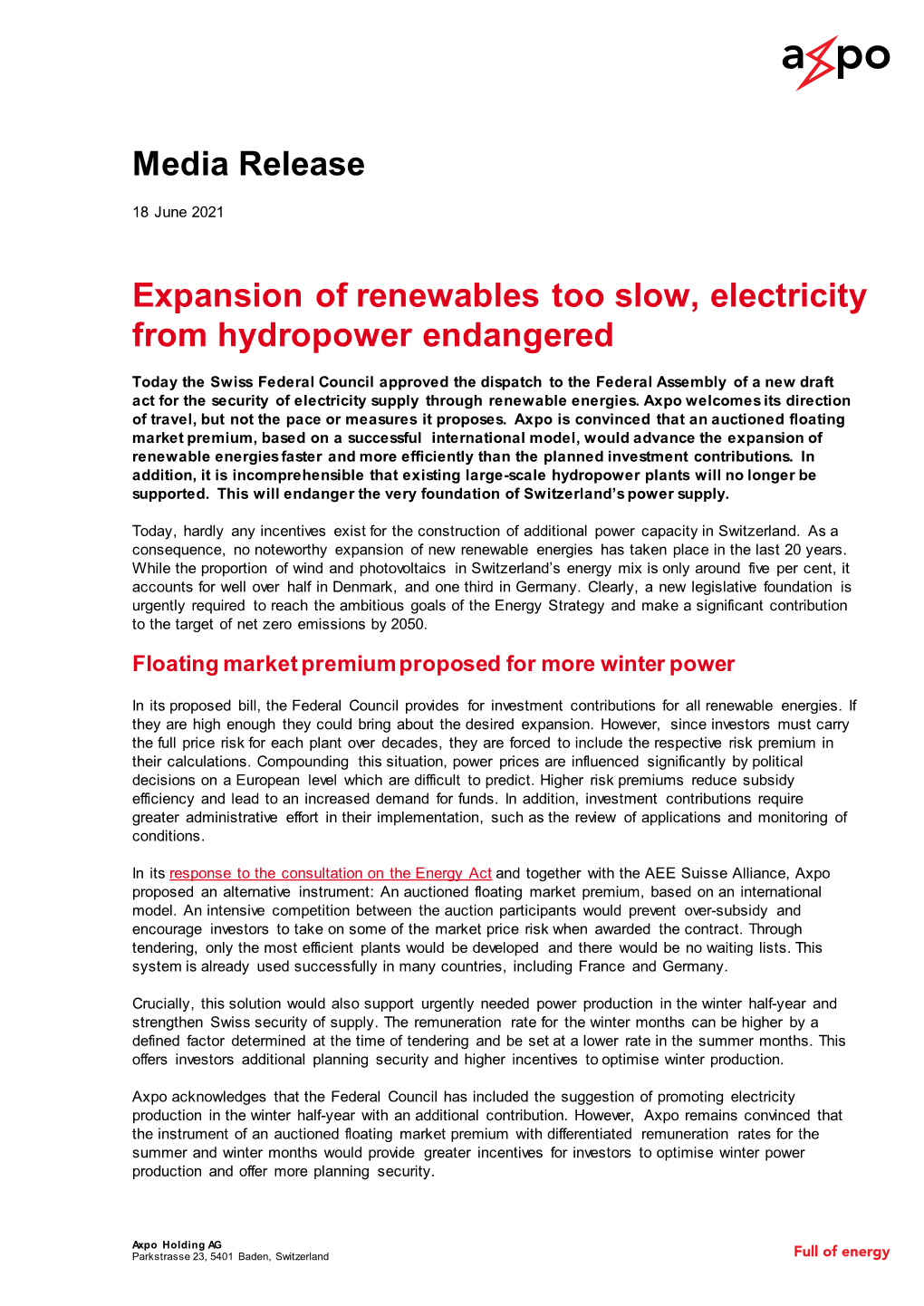 Media Release Expansion of Renewables Too Slow, Electricity