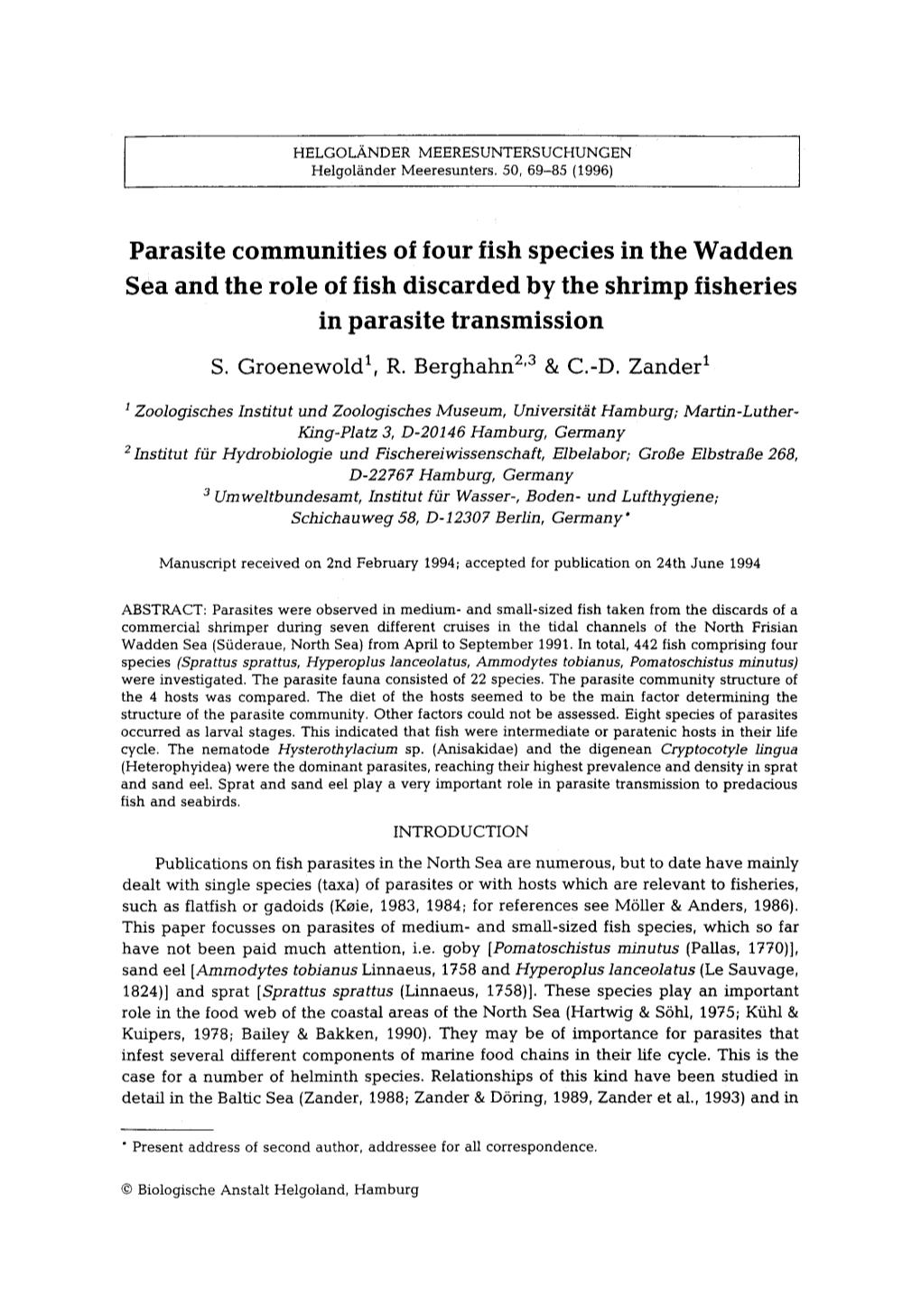 Parasite Communities of Four Fish Species in the Wadden Sea and the Role of Fish Discarded by the Shrimp Fisheries in Parasite Transmission
