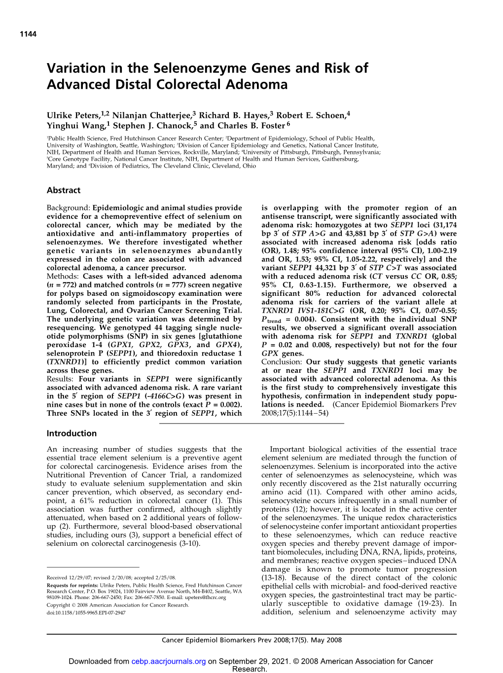 Variation in the Selenoenzyme Genes and Risk of Advanced Distal Colorectal Adenoma