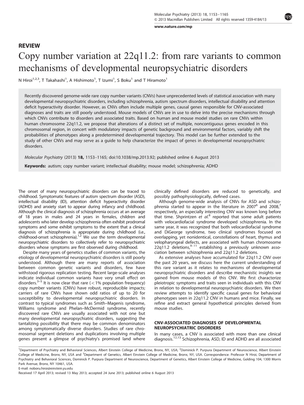 Copy Number Variation at 22Q11.2: from Rare Variants to Common Mechanisms of Developmental Neuropsychiatric Disorders