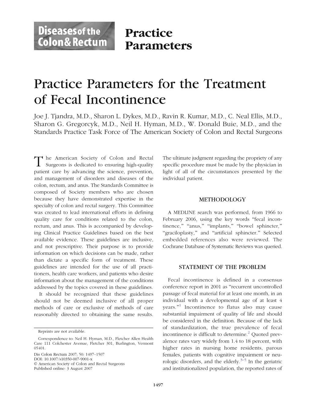 Practice Parameters for the Treatment of Fecal Incontinence Joe J