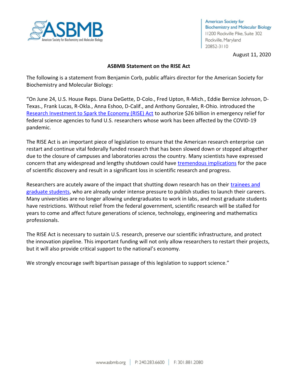 ASBMB Statement on the RISE