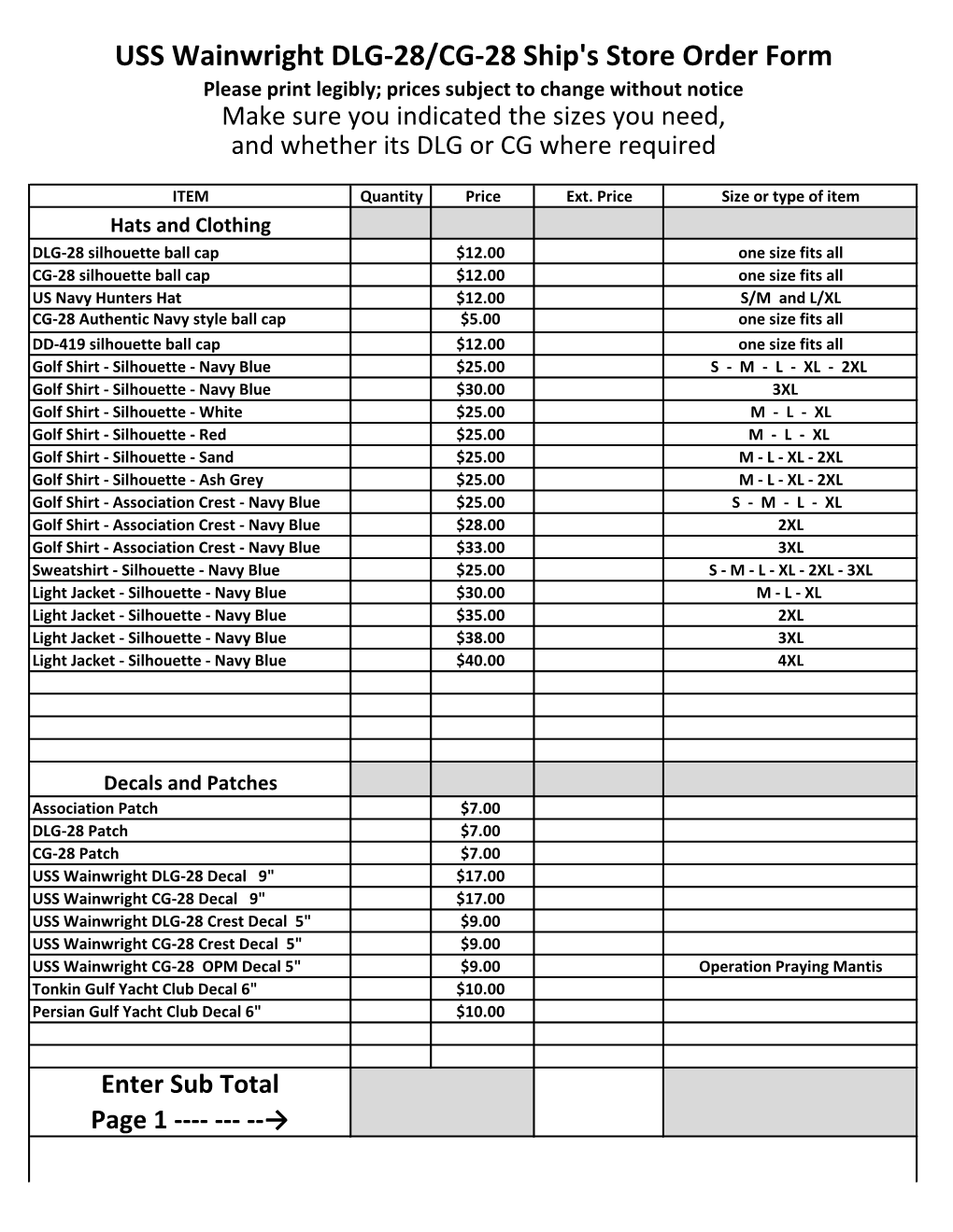 USS Wainwright DLG-28/CG-28 Ship's Store Order Form