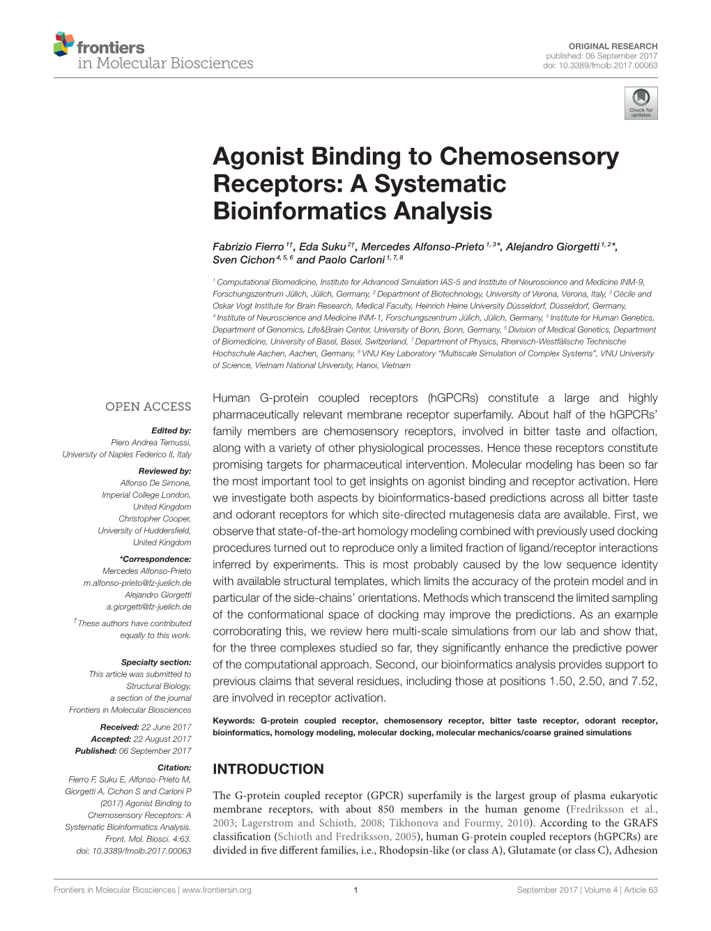 Agonist Binding to Chemosensory Receptors: a Systematic Bioinformatics Analysis