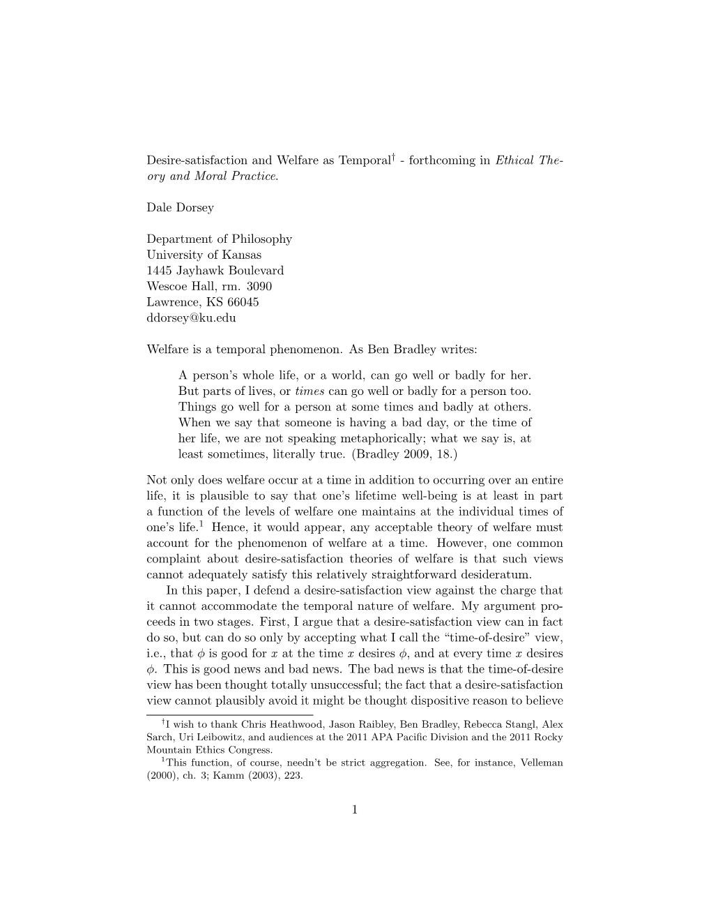 Desire-Satisfaction and Welfare As Temporal† - Forthcoming in Ethical The- Ory and Moral Practice