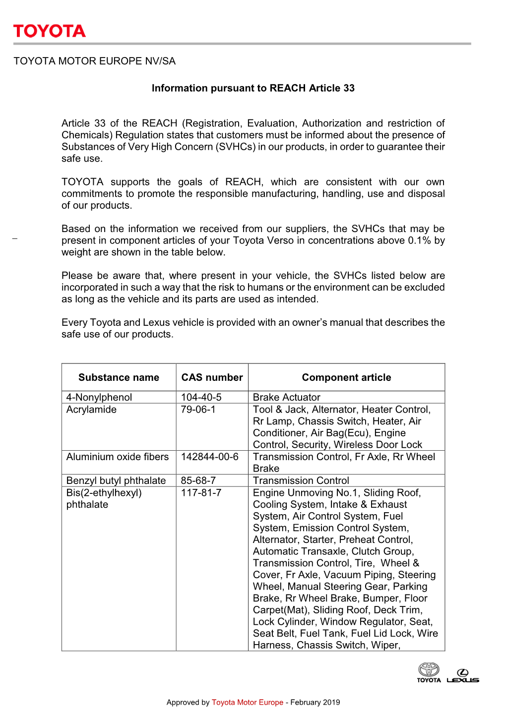 TOYOTA MOTOR EUROPE NV/SA Information Pursuant to REACH