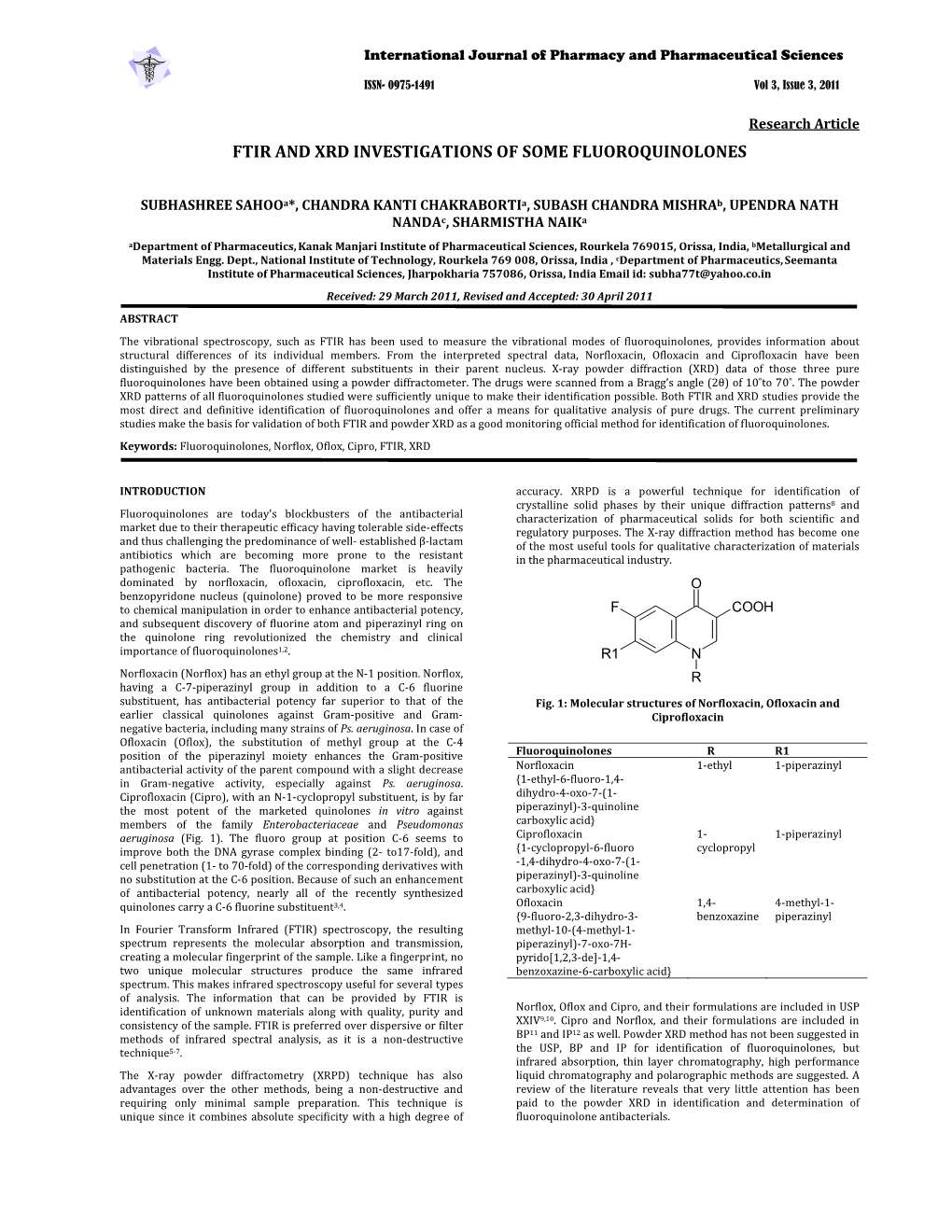 Ftir and Xrd Investigations of Some Fluoroquinolones