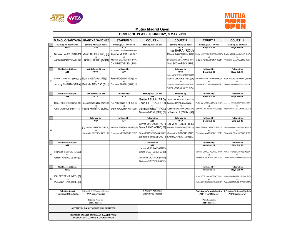 Mutua Madrid Open ORDER of PLAY - THURSDAY, 9 MAY 2019